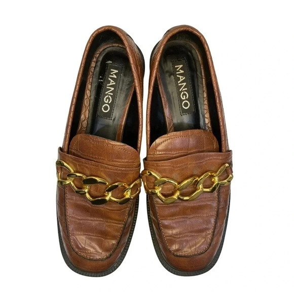 Mango Gold Chain Brown Textured Loafers | Size 8.5 - Picture 3 of 9